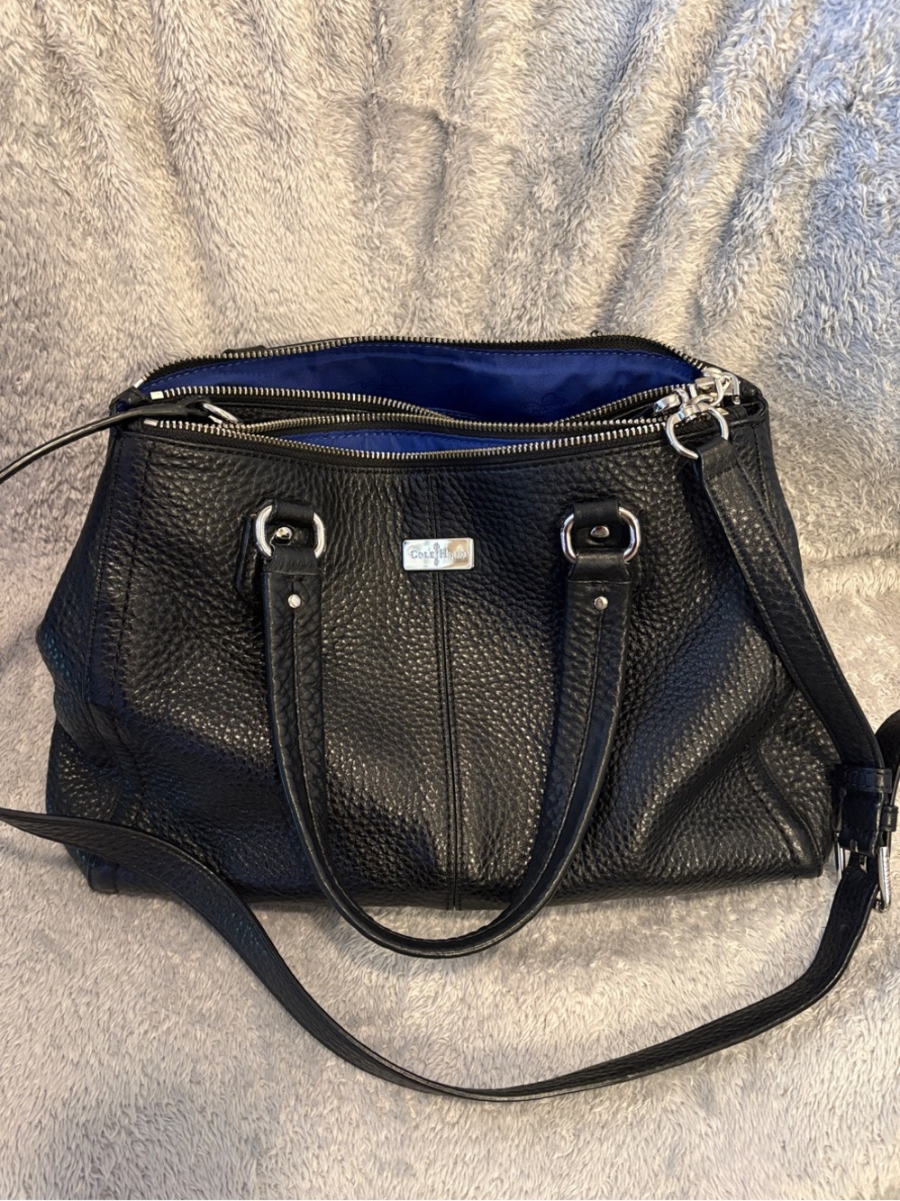 Cole Haan Black Pebbled Leather Shoulder Bag with Blue Lining